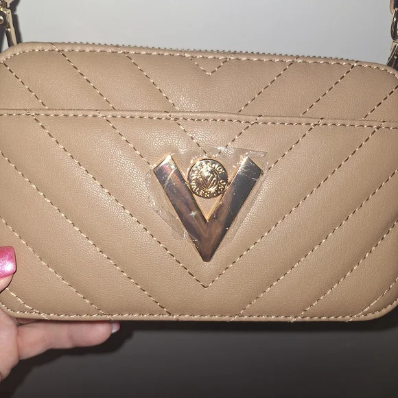 Valentino Orlandi Taupe Quilted Crossbody with Gold V Accent - Picture 4 of 8